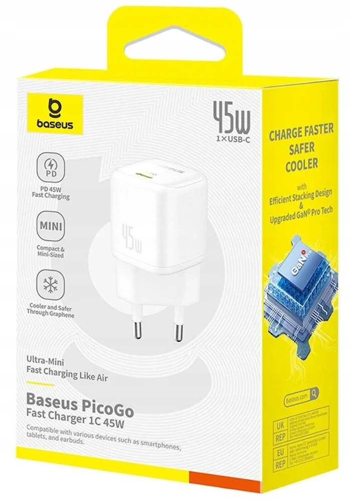 Baseus Sieninis įkroviklis PicoGo GaN 45W USB-C QC PD, baltas