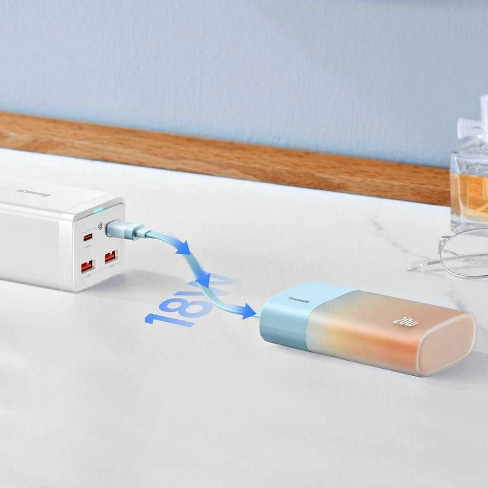 Baseus Popsicle 5200mAh 20W Powerbank with Built-in Lightning kabelis (+ Baltas Baseus Simple USB-C - USB-C 60W/20V/3A/30cm kabelis) - mėlyna-oranžinė