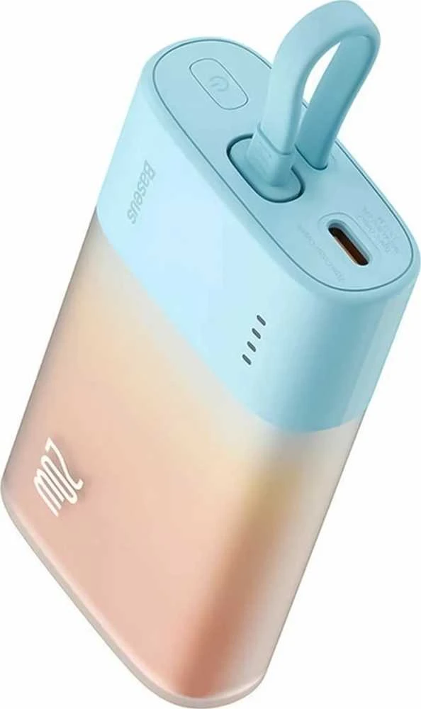 Baseus Popsicle 5200mAh 20W Powerbank with Built-in Lightning kabelis (+ Baltas Baseus Simple USB-C - USB-C 60W/20V/3A/30cm kabelis) - mėlyna-oranžinė