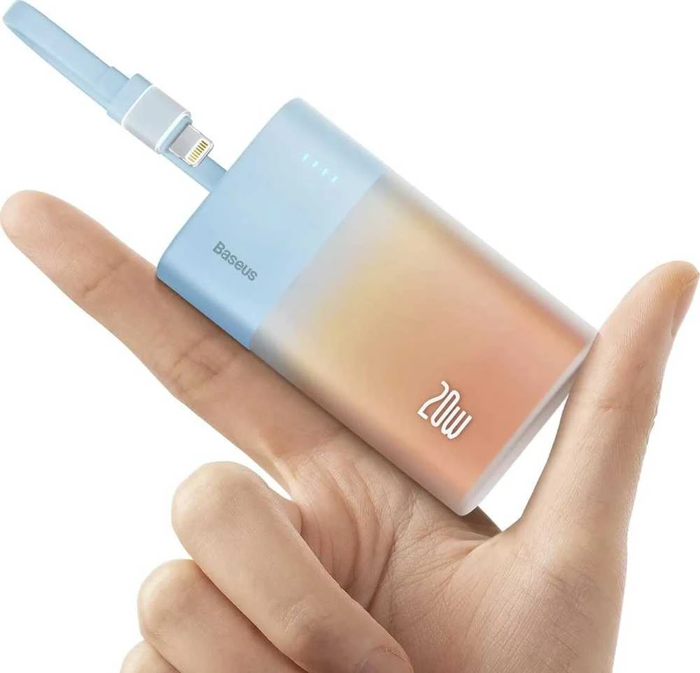 Baseus Popsicle 5200mAh 20W Powerbank with Built-in Lightning kabelis (+ Baltas Baseus Simple USB-C - USB-C 60W/20V/3A/30cm kabelis) - mėlyna-oranžinė