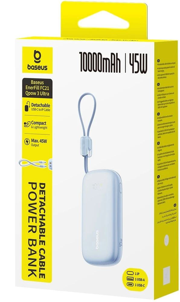 Baseus EnerFill FC21 Qpow 3 Ultra 10000mAh 45W išorinė baterija su nuimamu USB-C / Lightning laidu – mėlyna