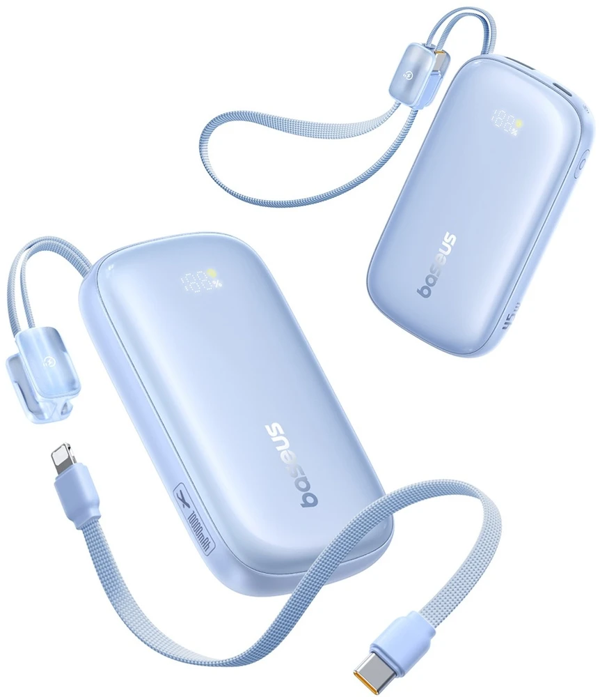 Baseus EnerFill FC21 Qpow 3 Ultra 10000mAh 45W išorinė baterija su nuimamu USB-C / Lightning laidu – mėlyna