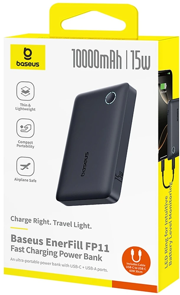 Baseus EnerFill FP11 išorinė baterija (Power Bank) 10000mAh 15W (su juodu Simple USB-C – USB-C 20V/3A 30cm laidu) – juoda
