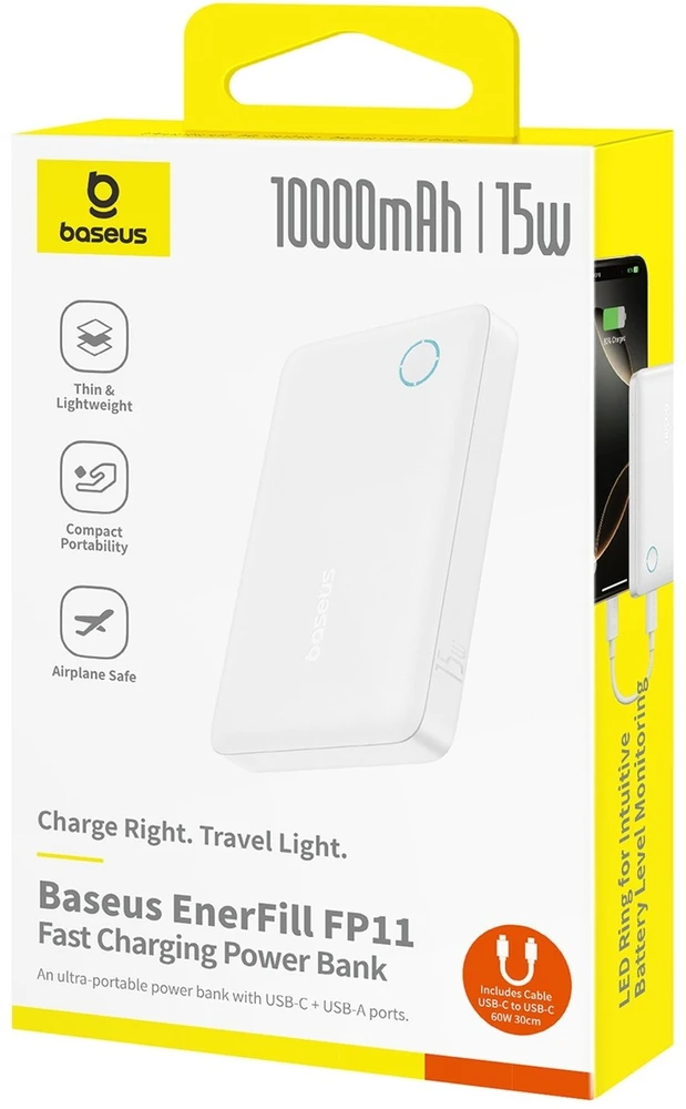Baseus EnerFill FP11 10000mAh 15W išorinė baterija (power bank) su baltu USB-C laidu 20V/3A 30cm - balta