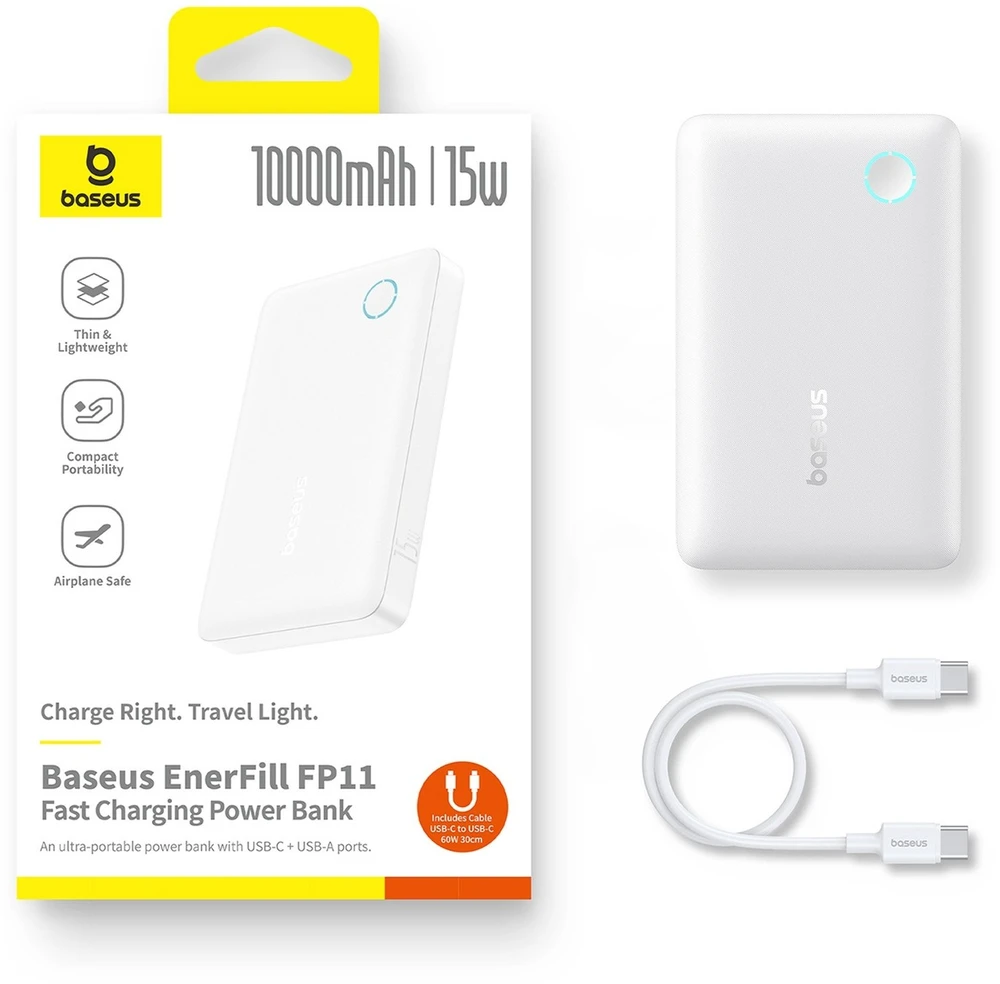 Baseus EnerFill FP11 10000mAh 15W išorinė baterija (power bank) su baltu USB-C laidu 20V/3A 30cm - balta