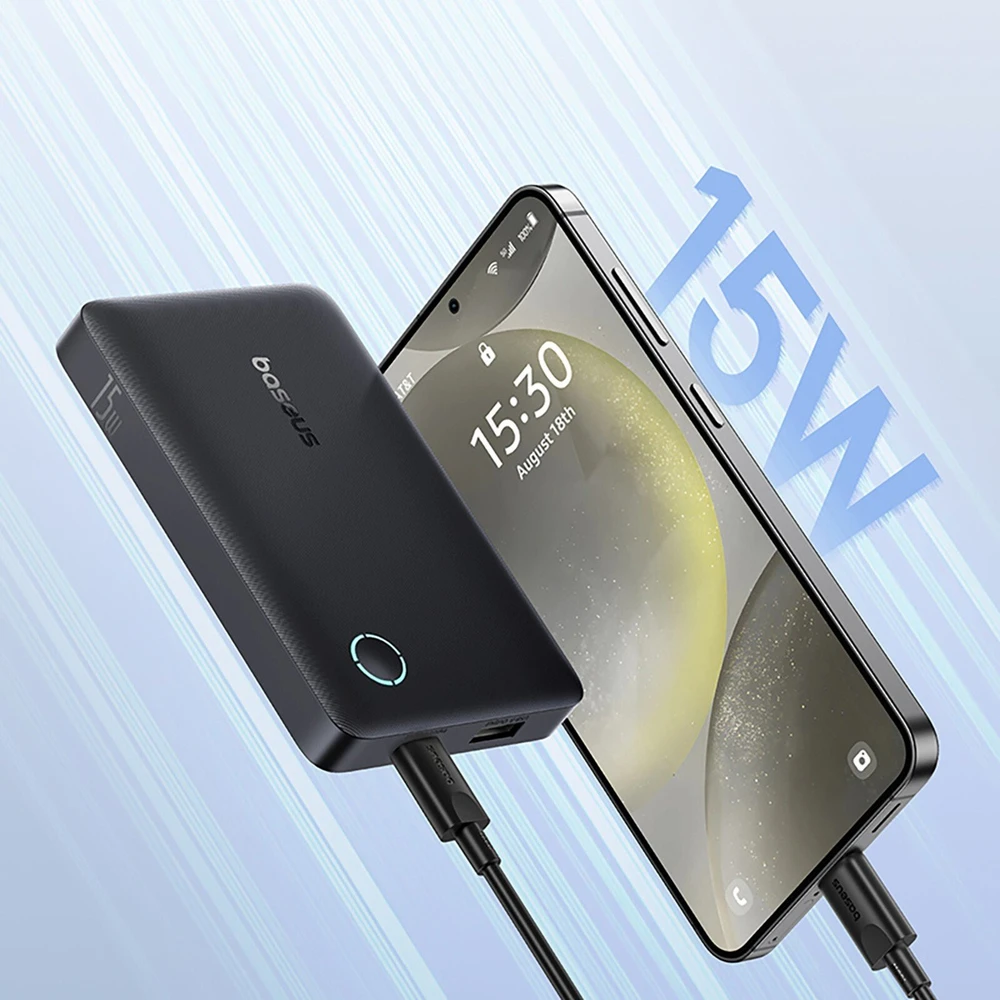 Baseus EnerFill FP11 išorinė baterija (Power Bank) 10000mAh 15W (su juodu Simple USB-C – USB-C 20V/3A 30cm laidu) – juoda