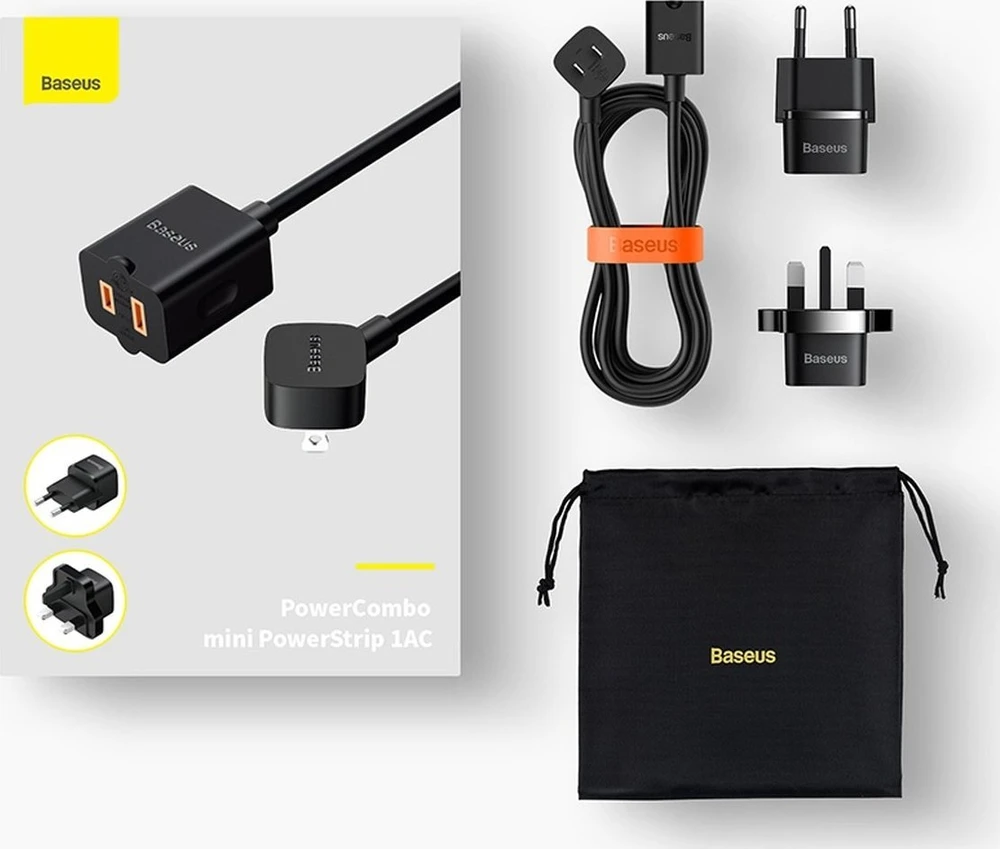 Baseus PowerCombo ilgintuvas su mini elektros lizdų juosta 1 m juoda (tinklo adapteris EU ir UK)(PSMN000301) (187753444)