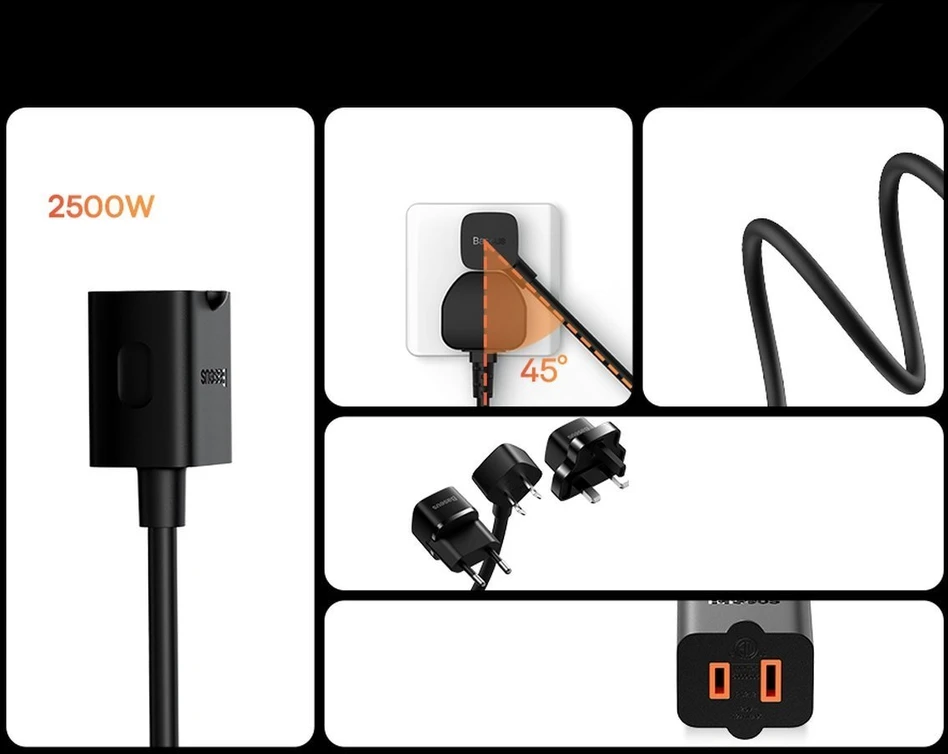 Baseus PowerCombo ilgintuvas su mini elektros lizdų juosta 1 m juoda (tinklo adapteris EU ir UK)(PSMN000301) (187753444)