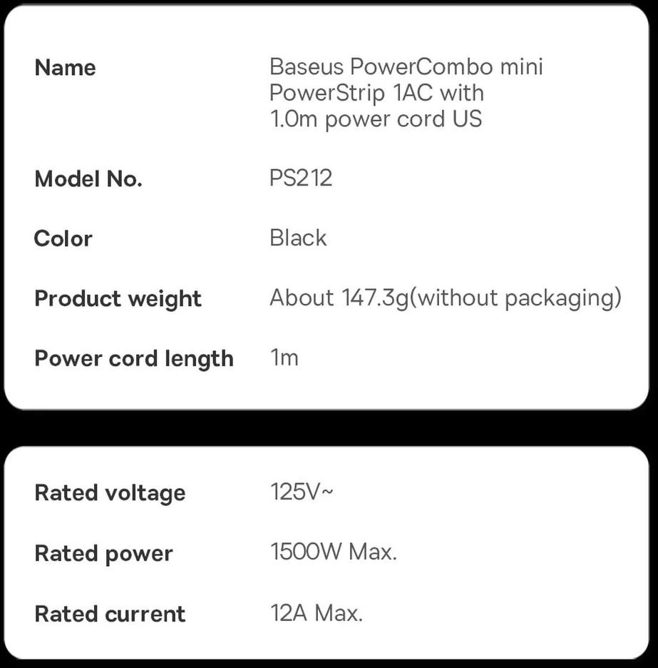 Baseus PowerCombo ilgintuvas su mini elektros lizdų juosta 1 m juoda (tinklo adapteris EU ir UK)(PSMN000301) (187753444)