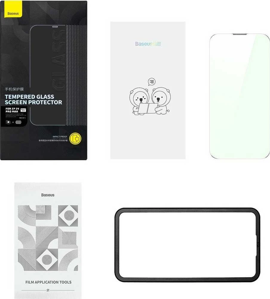 Baseus viso ekrano Apsauginis stiklas Apple iPhone 14 Pro Max su Anti Mėlyna šviesos filtru ir 0,3 mm garsiakalbio dangteliu + montavimo rėmeliu
