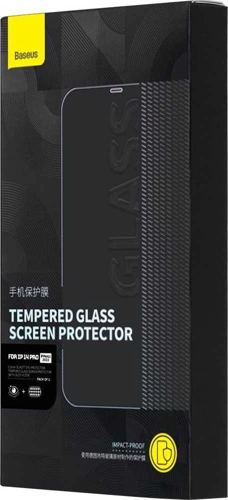 Baseus viso ekrano Apsauginis stiklas Apple iPhone 14 Pro su Anti Mėlyna šviesos filtru ir 0,3 mm garsiakalbio dangteliu + montavimo rėmeliu