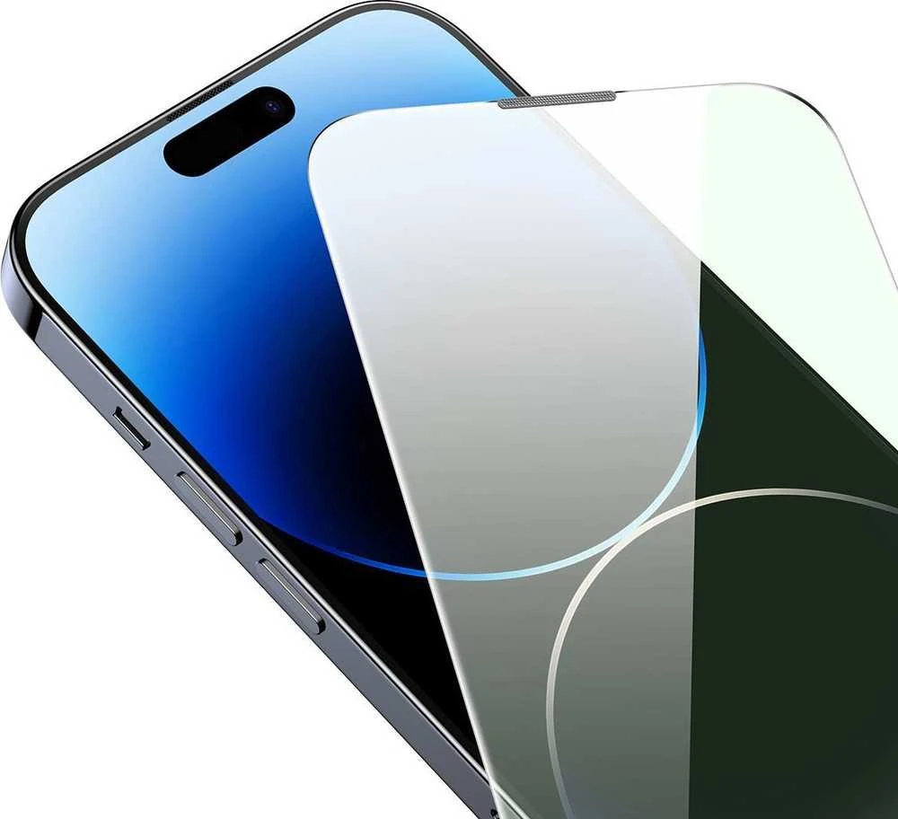 Baseus viso ekrano Apsauginis stiklas Apple iPhone 14 Pro Max su Anti Mėlyna šviesos filtru ir 0,3 mm garsiakalbio dangteliu + montavimo rėmeliu
