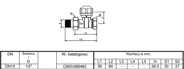 Basic Termostatinis vožtuvas tiesus 1/2'' žalvarinis - C093100701