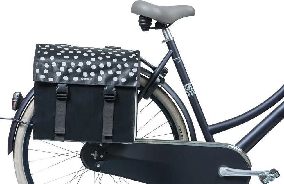 „Basil URBAN LOAD“ dvigubas krepšys krepšiui su 48–53 l talpa, universali tiltelių sistema, 100 % atsparus vandeniui, juodas su šviesą atspindinčiomis/juodas (NAUJIENA 2024 m.)