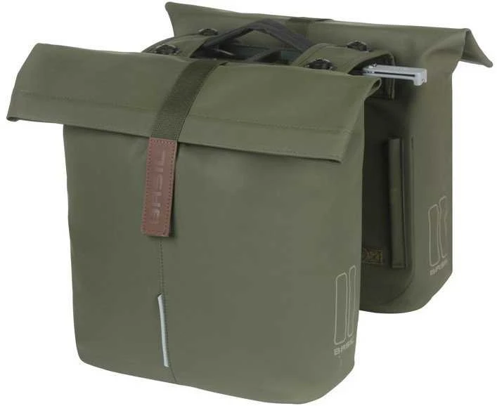 Basil Dviejų dalių miesto sakva BASIL CITY DOUBLE PANNIER BAG MIK 28-32L, MIK sistema (paruošta naudojimui), samanų žalios spalvos (NAUJA 2025)
