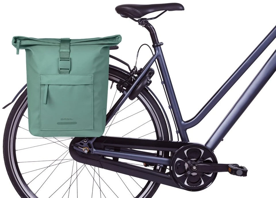 Basil Bagažinės rankinė BASIL BROOKLYN DOUBLE PANNIER BAG 41L, MIK Hooks System, atspari vandeniui, sidabrinė žalia