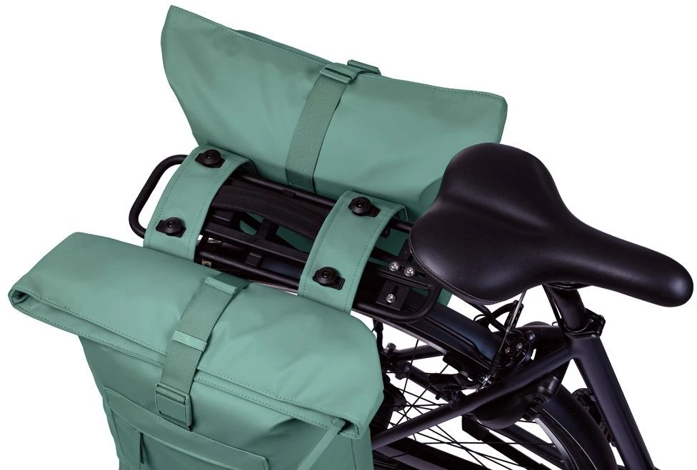 Basil Bagažinės rankinė BASIL BROOKLYN DOUBLE PANNIER BAG 41L, MIK Hooks System, atspari vandeniui, sidabrinė žalia