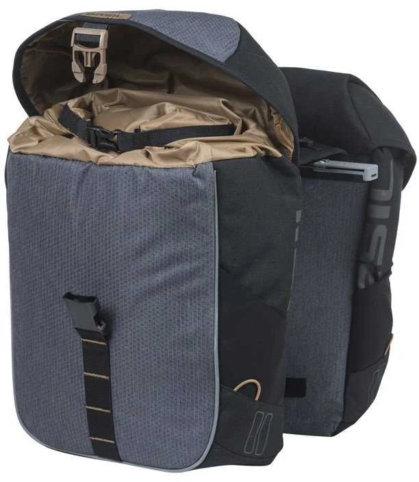 Basil Dviračio kuprinė dviguba BASIL MILES TARPAULIN DOUBLE PANNIER BAG MIK 34L, MIK System (ready to go), 100% neperšlampama juodas slate (NEW 2025)