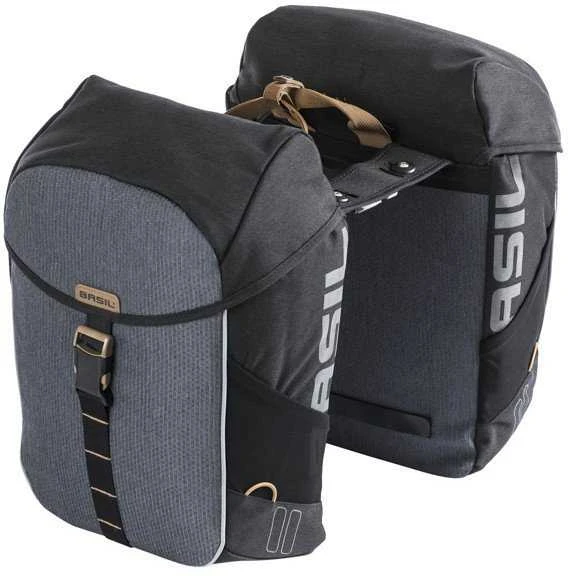 Basil Dviračio kuprinė dviguba BASIL MILES TARPAULIN DOUBLE PANNIER BAG MIK 34L, MIK System (ready to go), 100% neperšlampama juodas slate (NEW 2025)
