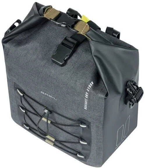 Basil Vienkartinė sakvoji BASIL NAVIGATOR STORM SINGLE PANNIER BAG MIK SIDE M 12-15 L, MIK System (paruošta naudoti) atspari vandeniui pilka juoda (NAUJA)