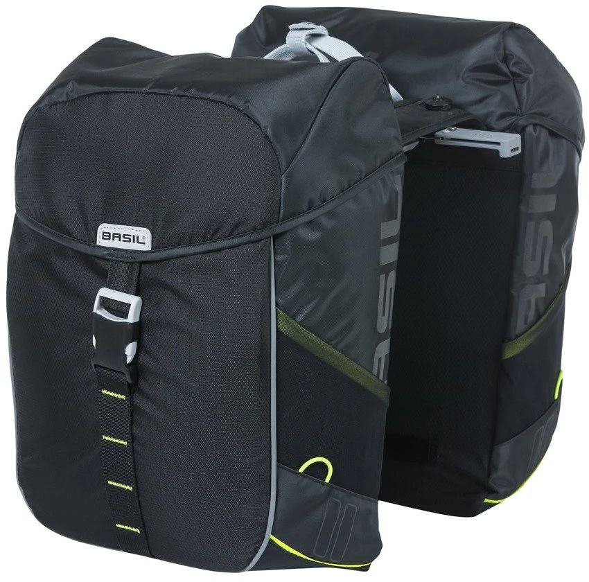 Basil Dviejų dalių dviračio bagažinės krepšys BASIL MILES DOUBLE PANNIER BAG MIK 34L, MIK sistema (paruošta naudoti), 100 % atsparus vandeniui, juoda su lime