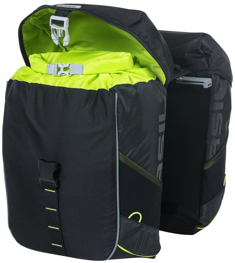 Basil Dviejų dalių dviračio bagažinės krepšys BASIL MILES DOUBLE PANNIER BAG MIK 34L, MIK sistema (paruošta naudoti), 100 % atsparus vandeniui, juoda su lime