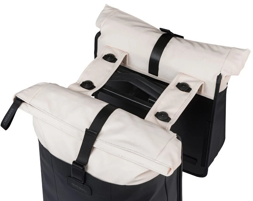 Baziliko krepšys-maišas BASIL VIVE DVIGUBAS DELTA-PANNIER krepšys 28-35 l, MIK sistema (paruoštas naudoti), balkšvas/juodas