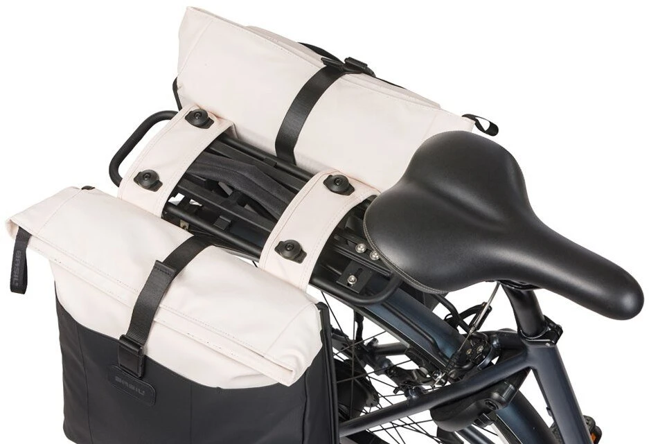 Baziliko krepšys-maišas BASIL VIVE DVIGUBAS DELTA-PANNIER krepšys 28-35 l, MIK sistema (paruoštas naudoti), balkšvas/juodas