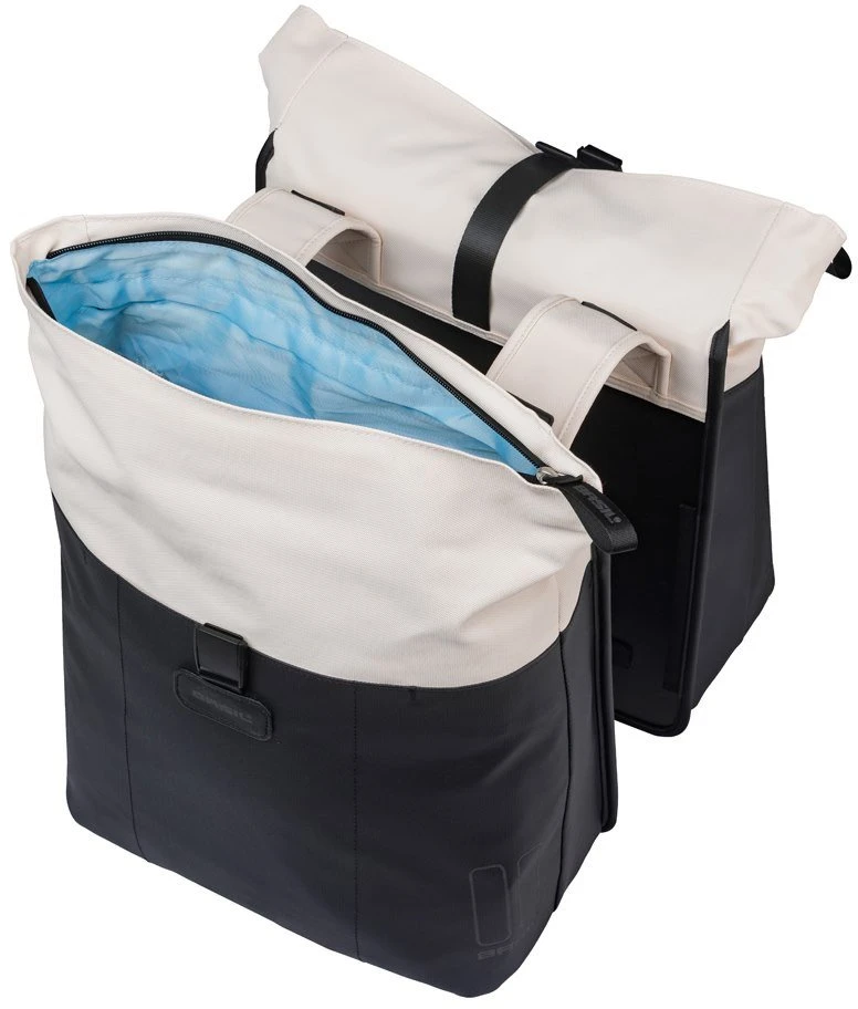 Basil Dviejų dalių sakwa, tvirtinama prie bagažinės BASIL CLOVE DOUBLE PANNIER BAG 28-35L, Universal Bridge System, nebalinta balta/juoda