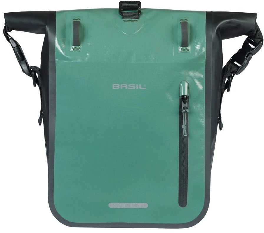 Basil Vientisa sakvo rankinė BASIL RIVO M SINGLE PANNIER BAG 12-15L, MIK Hooks System sidabrinė-žalia/juoda