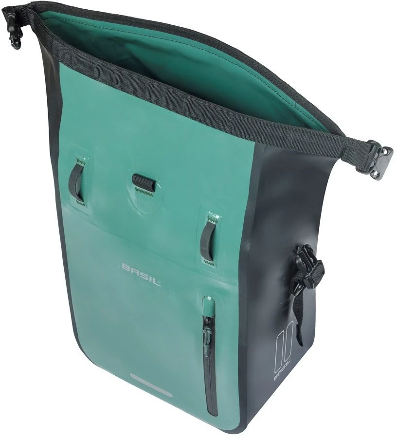Basil Vientisa sakvo rankinė BASIL RIVO M SINGLE PANNIER BAG 12-15L, MIK Hooks System sidabrinė-žalia/juoda