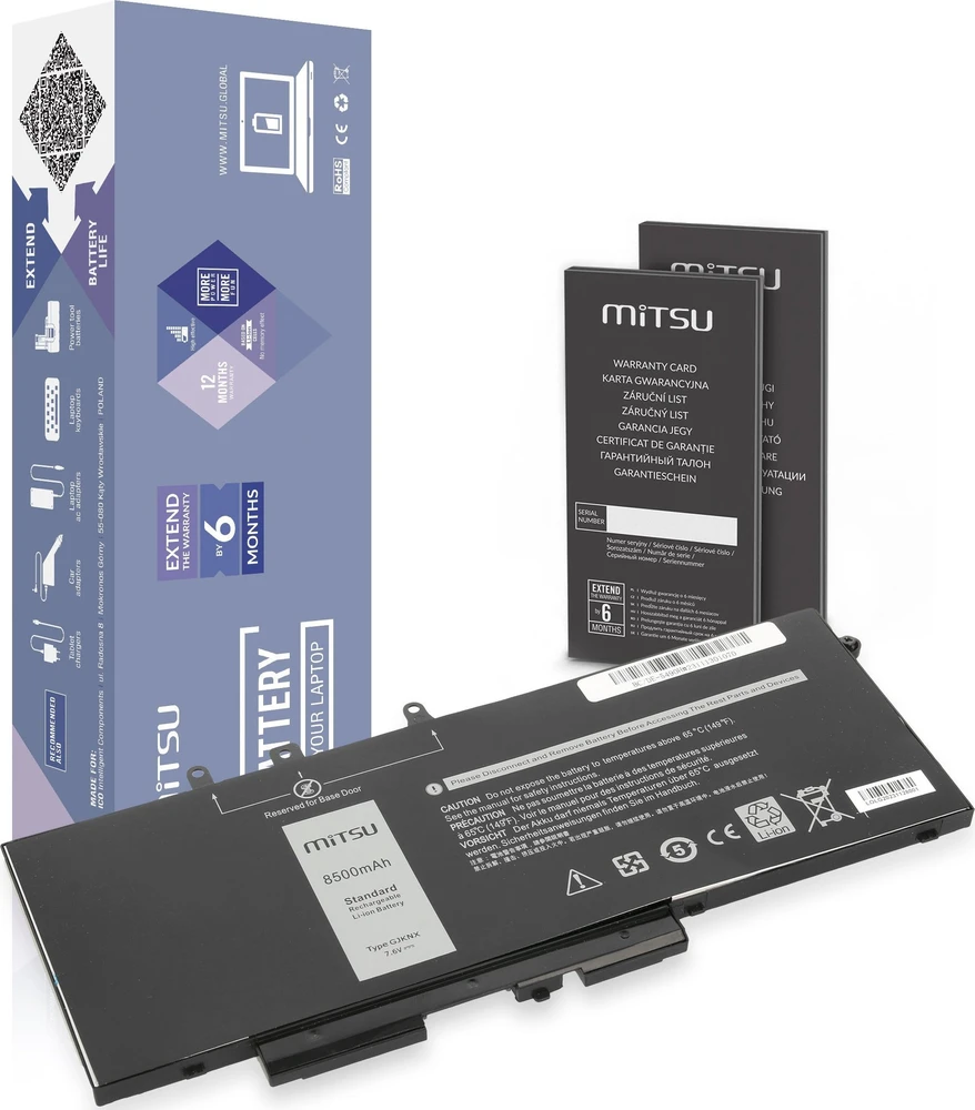 „Mitsu“ akumuliatorius GJKNX, skirtas „Dell Latitude“ 5280 5480 5490 5590 8500 mAh 8500 mAh (64,6 Wh) 7,6 V (7,4 V)