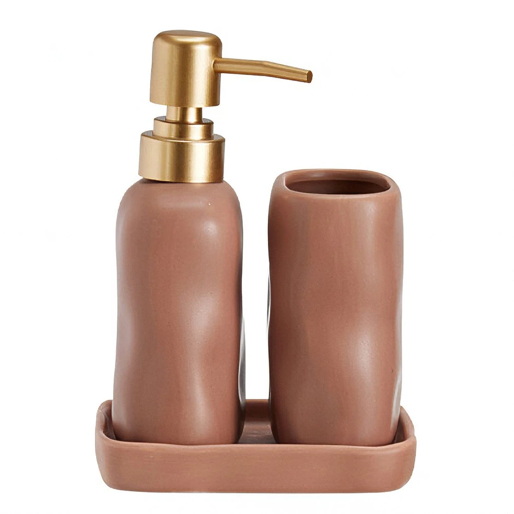 Bathroom Solutions EON vonios reikmenų rinkinys, keraminis dozatorius su auksiniu pompa, puodeliu ir padėklu.