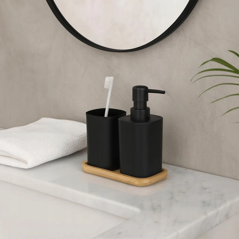 Bathroom Solutions Vonios aksesuarų rinkinys su muilo dozatoriumi, juodas, 3 dalių