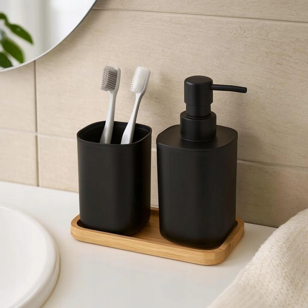 Bathroom Solutions Vonios aksesuarų rinkinys su muilo dozatoriumi, juodas, 3 dalių