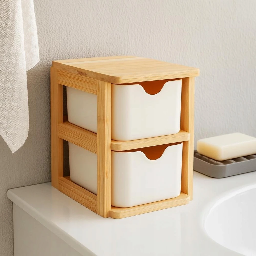 Bathroom Solutions Bamboo Dviguba bambukinė organizatoriaus SKAFFA, 15 x 10,8 cm