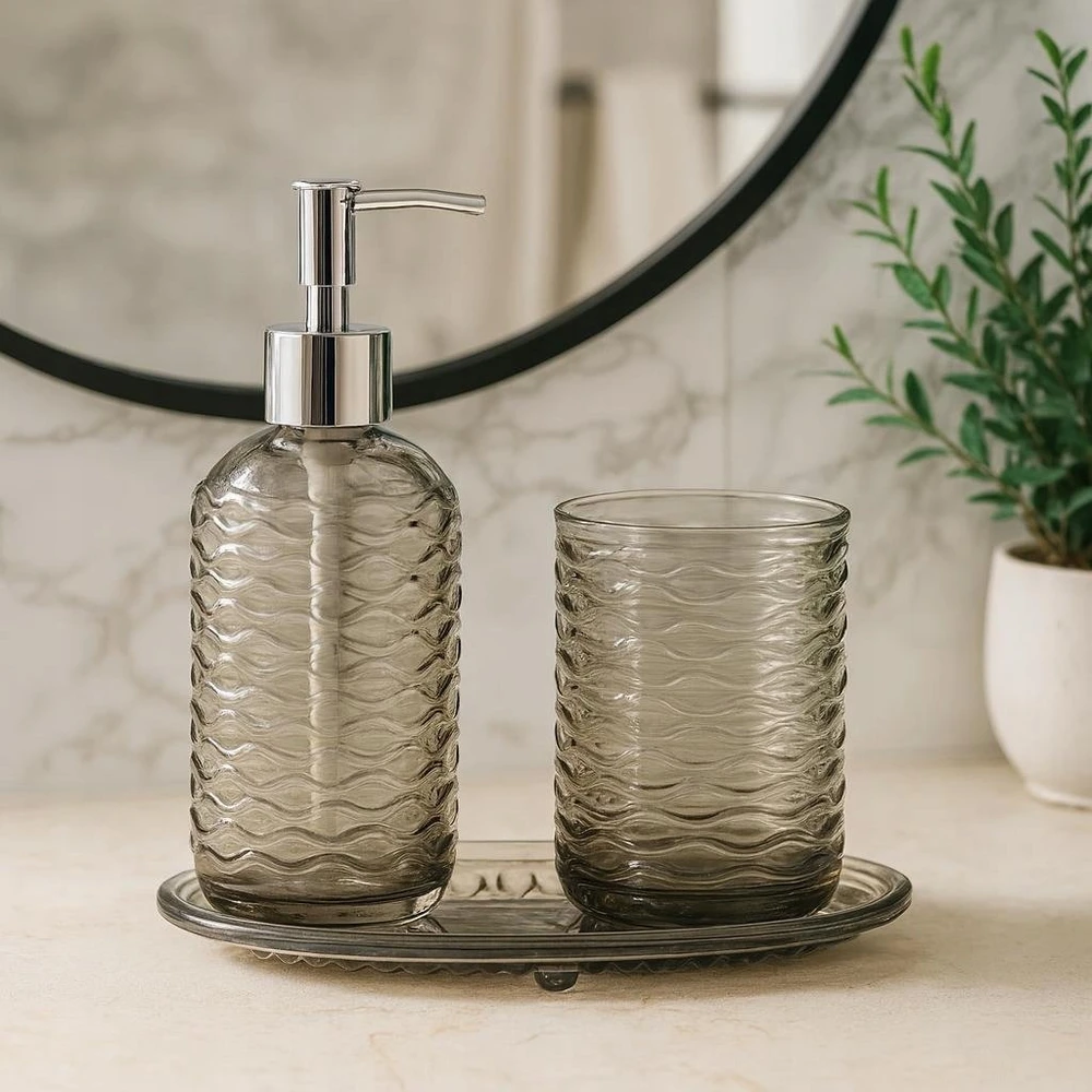 Bathroom Solutions PIECES NODE vonios kambario rinkinys, dozatorius, dantų šepetėlių laikiklis ir muilinė, 3 dalys