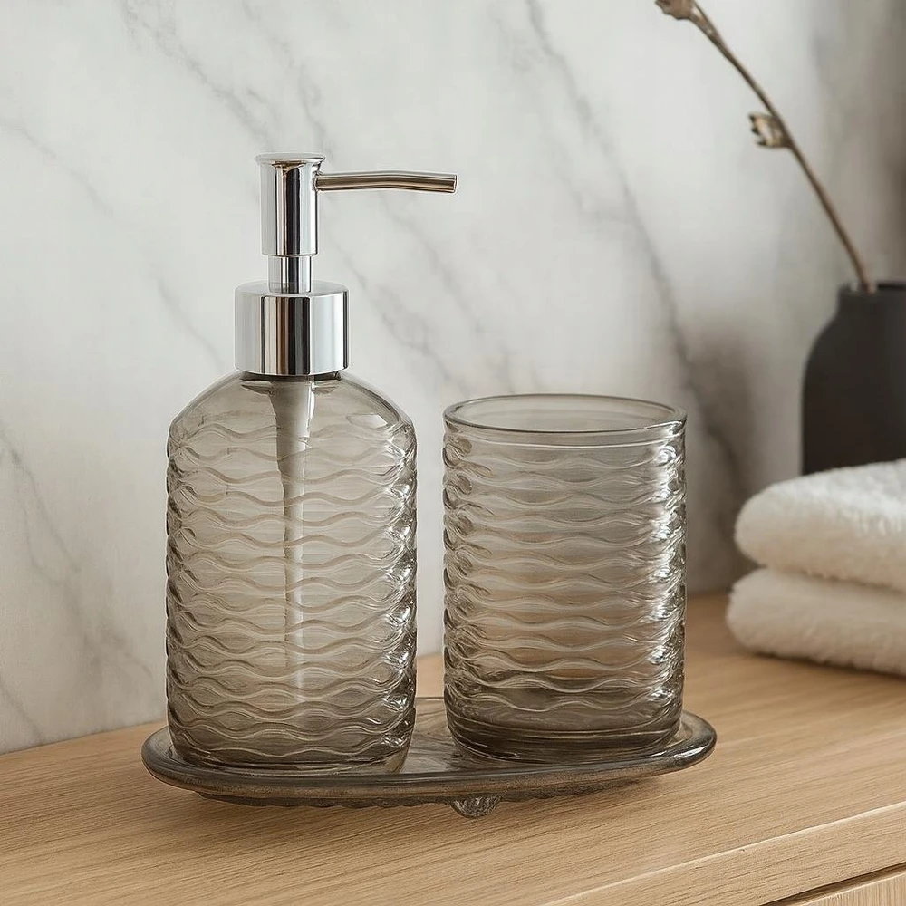 Bathroom Solutions PIECES NODE vonios kambario rinkinys, dozatorius, dantų šepetėlių laikiklis ir muilinė, 3 dalys
