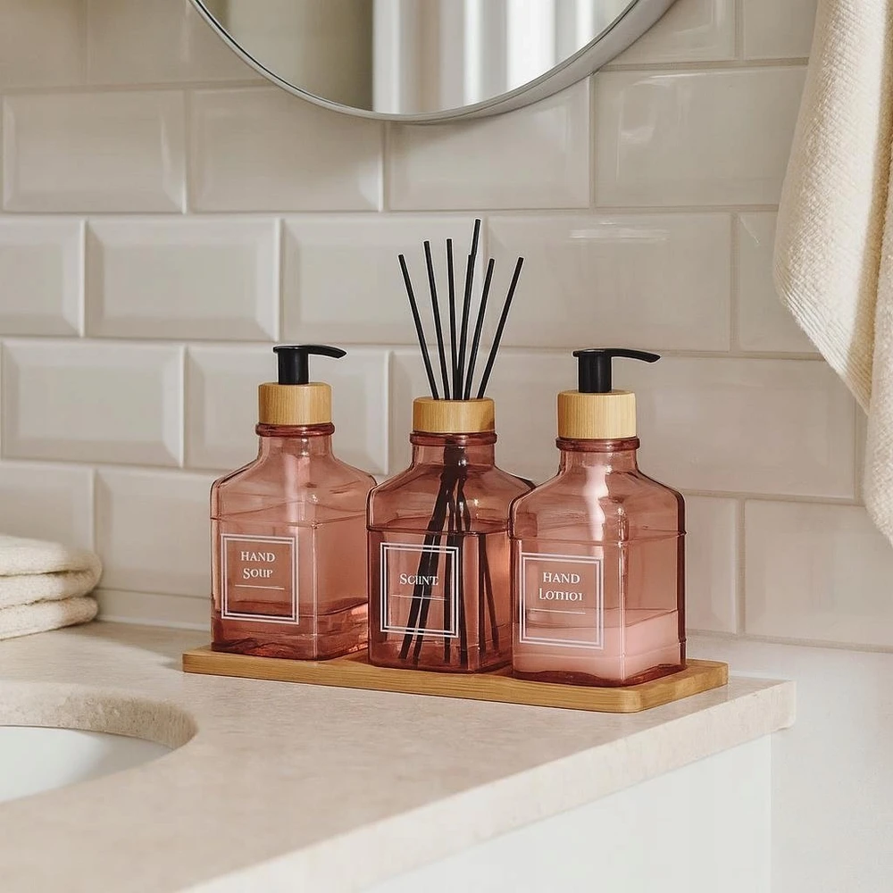 Bathroom Solutions Bamboo Vonios kambario komplektas su stikliniu difuzoriumi ir bambuko padėklu REN