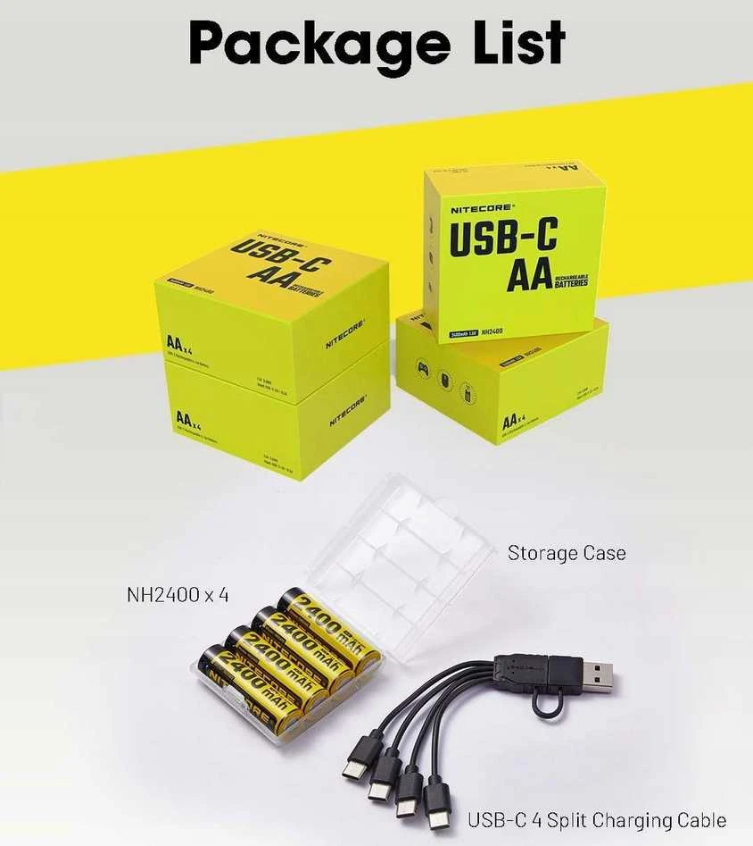 Nitecore AA įkraunamos baterijos su USB-C laidu ir dėklu