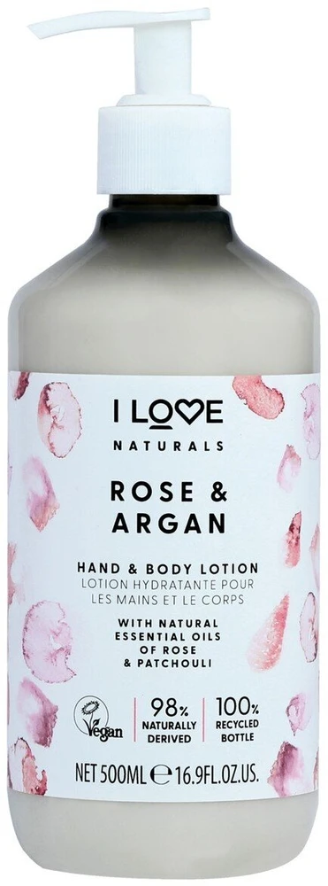 „I Love Naturals Collection“ veganiškas drėkinamasis rožių ir argano losjonas rankoms ir kūnui, 500 ml