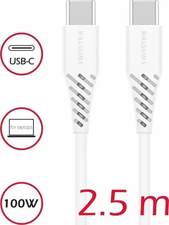 BBC Duomenų kabelis SWISSTEN TPE USB-C/USB-C (PD) 5A (100W) 2,5 m, baltas