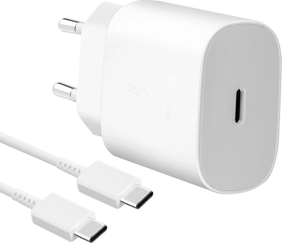 112803 EP-TA800EWE + EP-DA905BWE Samsung 25W kelioninis įkroviklis + USB-C/USB-C Data kabelis baltos spalvos (OOB Bulk)