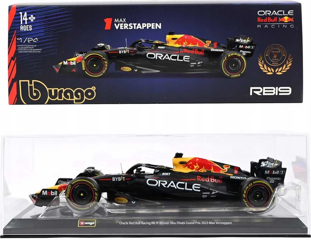 BBURAGO 1:24 automodelis su ekspozicine dėžute Raudona Bull RB19, 18-28030 (Ekspozicinė prekė) (Ekspozicinė prekė)