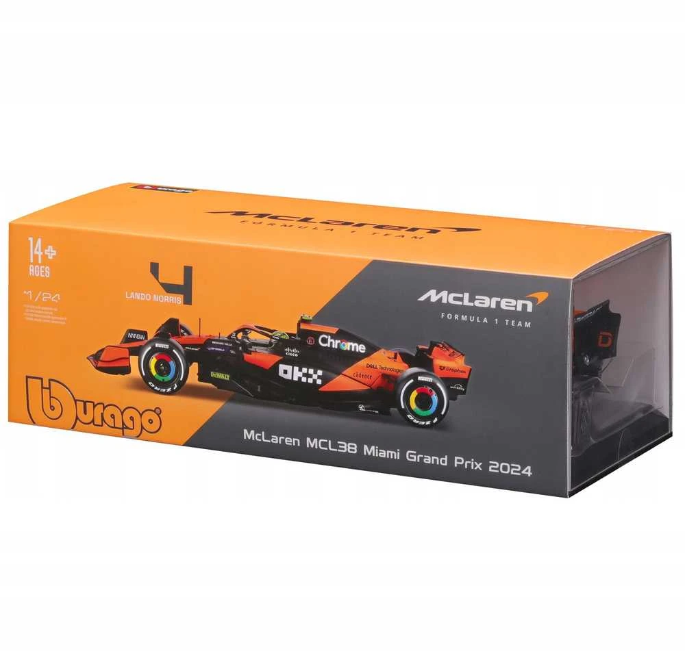 Modelis - Bburago 1:24 McLaren MCL38 Lando Norris Miami GP 2024 (Ekspozicinė prekė)