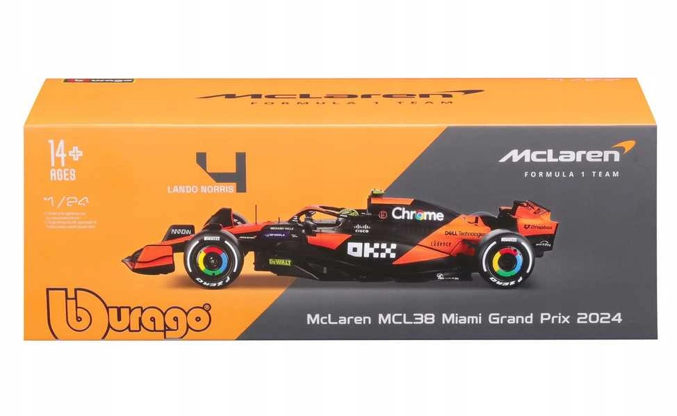 Modelis - Bburago 1:24 McLaren MCL38 Lando Norris Miami GP 2024 (Ekspozicinė prekė)