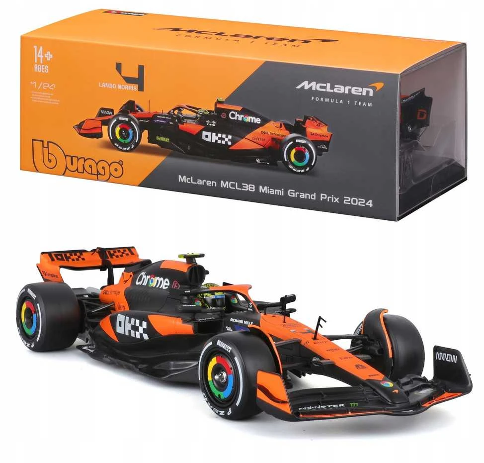 Modelis - Bburago 1:24 McLaren MCL38 Lando Norris Miami GP 2024 (Ekspozicinė prekė)
