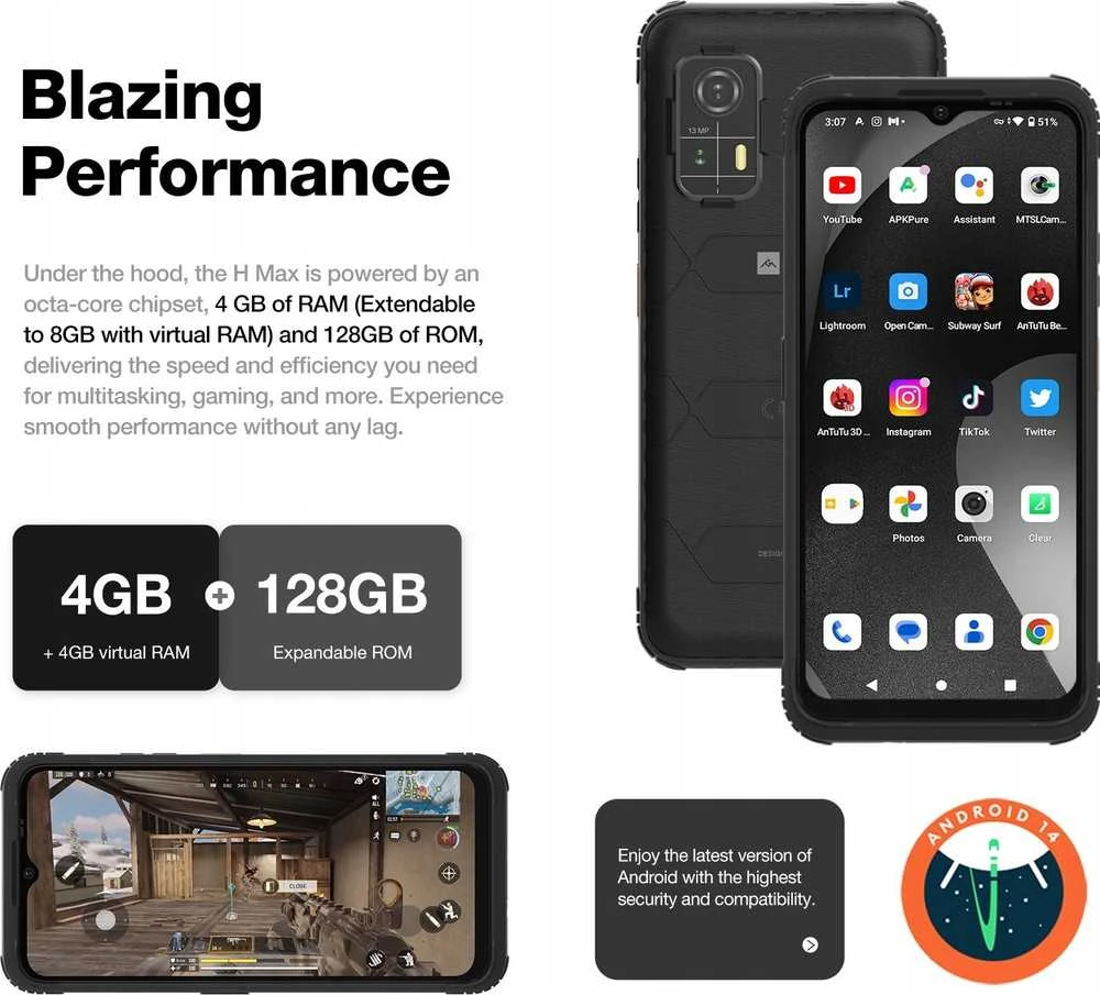 Išmanusis telefonas AGM Mobile H MAX Outdoor Rugged 128GB 4RAM 4G Juodas