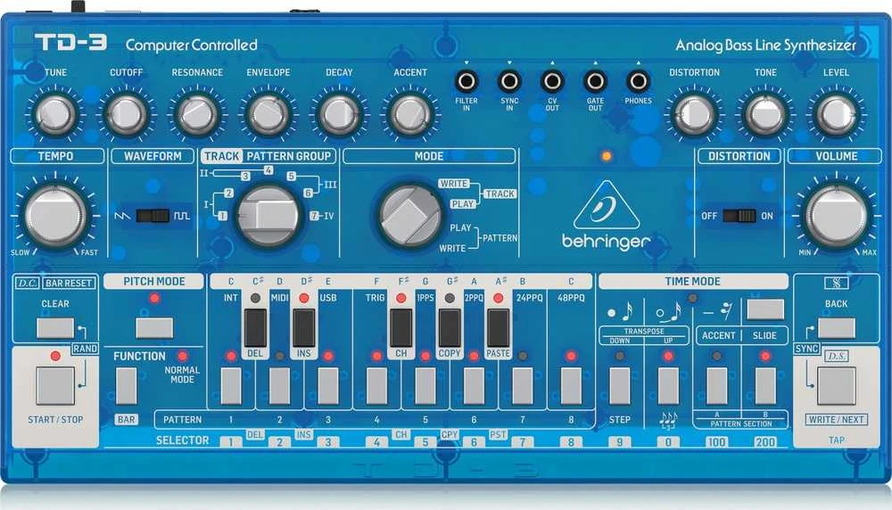 Behringer TD-3-BB bosinės linijos sintezatorius mėlyna permatoma