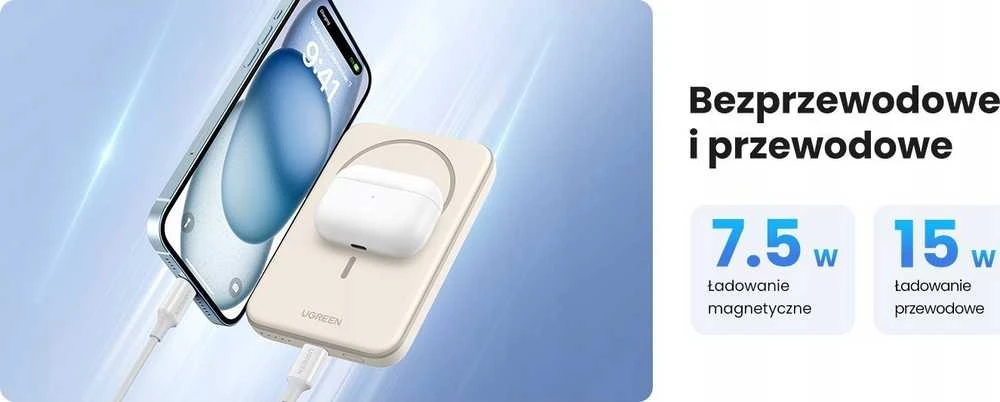 LiPo išorinis akumuliatorius (Powerbank) 5000mAh 15W bevielis QI 7.5W, su magnetu Magsafe PB560 UGREEN